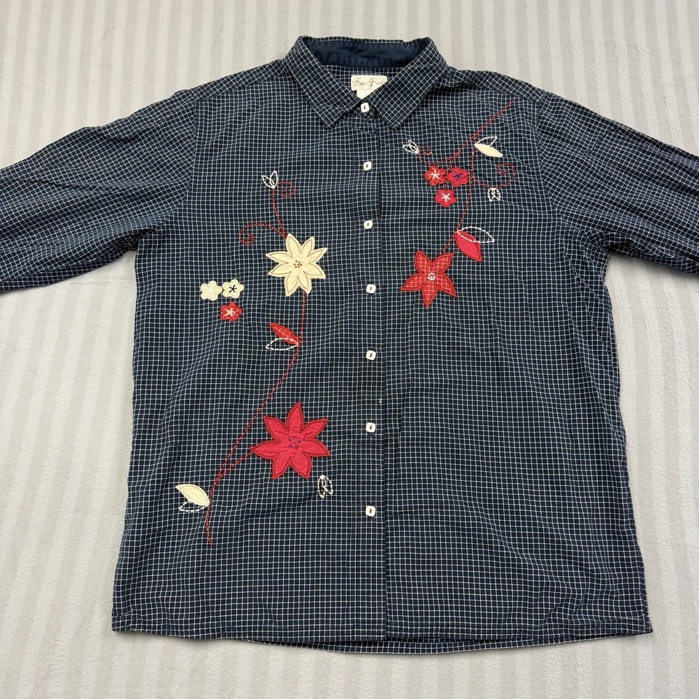 VTG 90s Bobbie Brooks Ladies Blue Checkered Button Up Embroidered‎ Roll Tab XL
